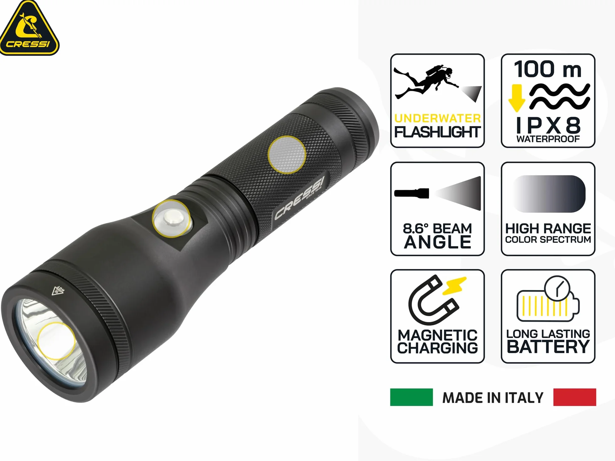 Cressi Astra 2100 Torch Black-Torche sous Marine à LED Rechargeable 2100 Lumens Etanche IPX8 100m, Unisex, Noir et Compacte pour la Plongée, la Pêche, Les Explorations Aquatiques