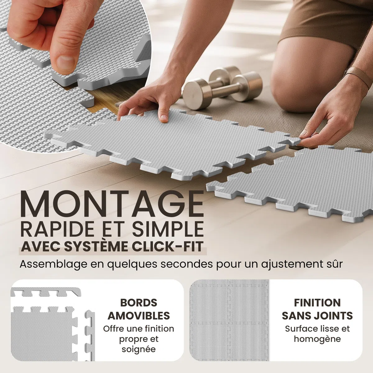 Tapis de Fitness Protection de Sol Salle de Sport - Dalles en Mousse sans BPA + Bordures | Matelas Puzzle Tatami EVA Caoutchouc pour Matériel Gym Banc de Musculation Course Garage Piscine Isolation