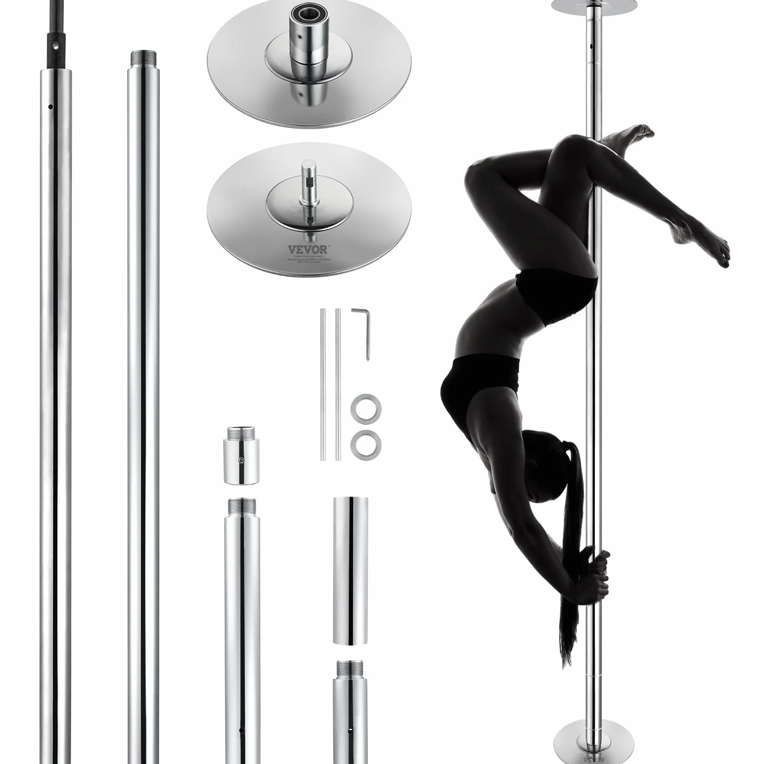 VEVOR Barre de Pole Dance Professionnelle, Pôle de Danse Statique et Rotatif, Kit de Danse à la Barre Verticale Amovible et Portable, Poteau en INOX Robuste 45 mm, Hauteur Réglable, pour Bar Domicile