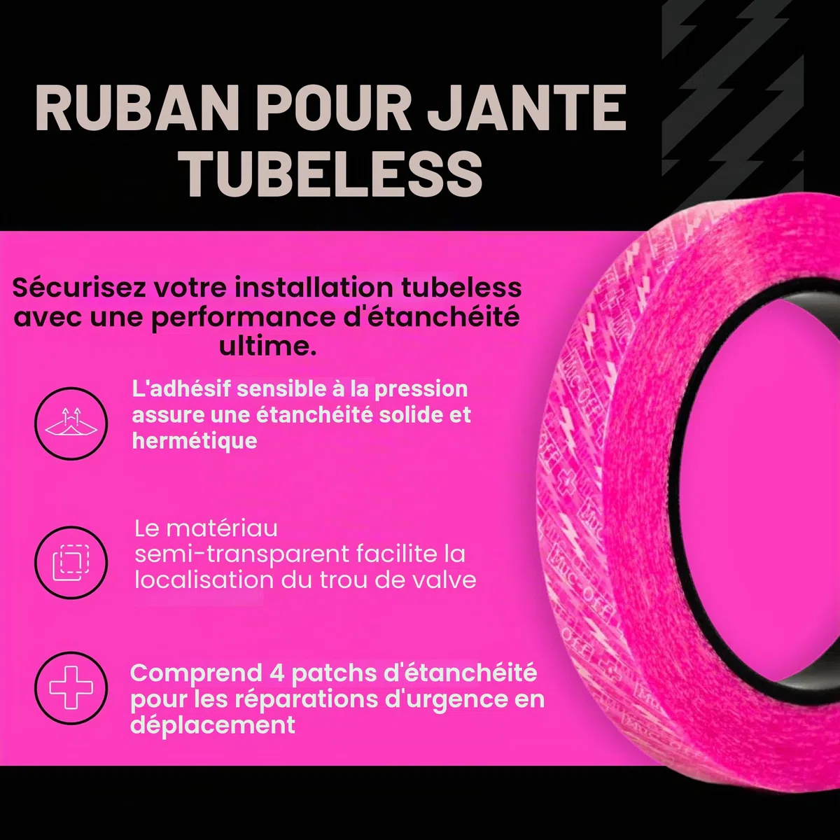 Muc-Off Fond de Jante Vélo Tubeless - 21 mm - Fond de Jante Adhésif Sensible à la Pression - Pour Installation de Pneus de Vélo Tubeless - Rouleau de 10 Mètres - 4 Patchs d'Étanchéité Inclus