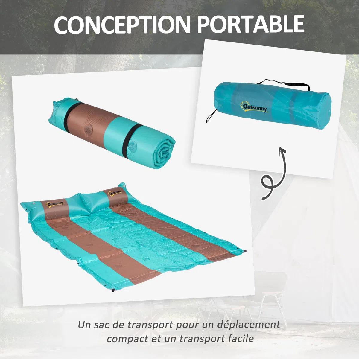 Outsunny Matelas de camping 2 personnes ultra léger avec oreiller et sac de transport Tapis de Couchage imperméable pour Randonnée, Voyage, Camping