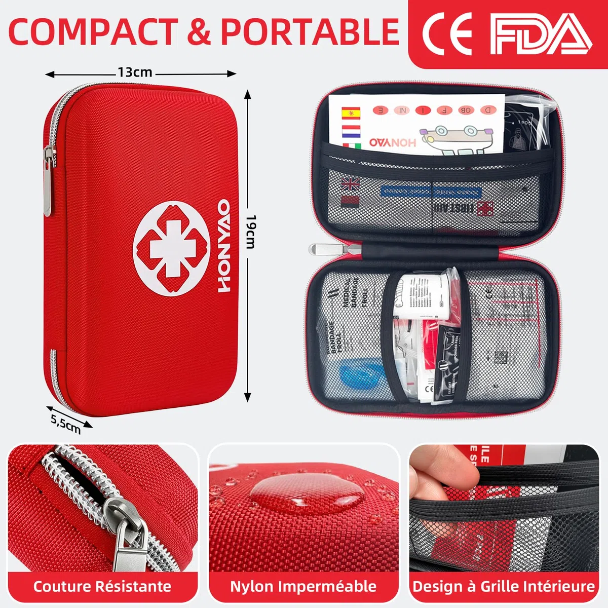 HONYAO Trousse de Premier Secours, Trousse Pharmacie, 200 Pièces Boîte de d'urgence de Survie Extérieur pour Voiture Maison Lieu de Travail Voyage Camping Randonnée et Sports en Plein Air
