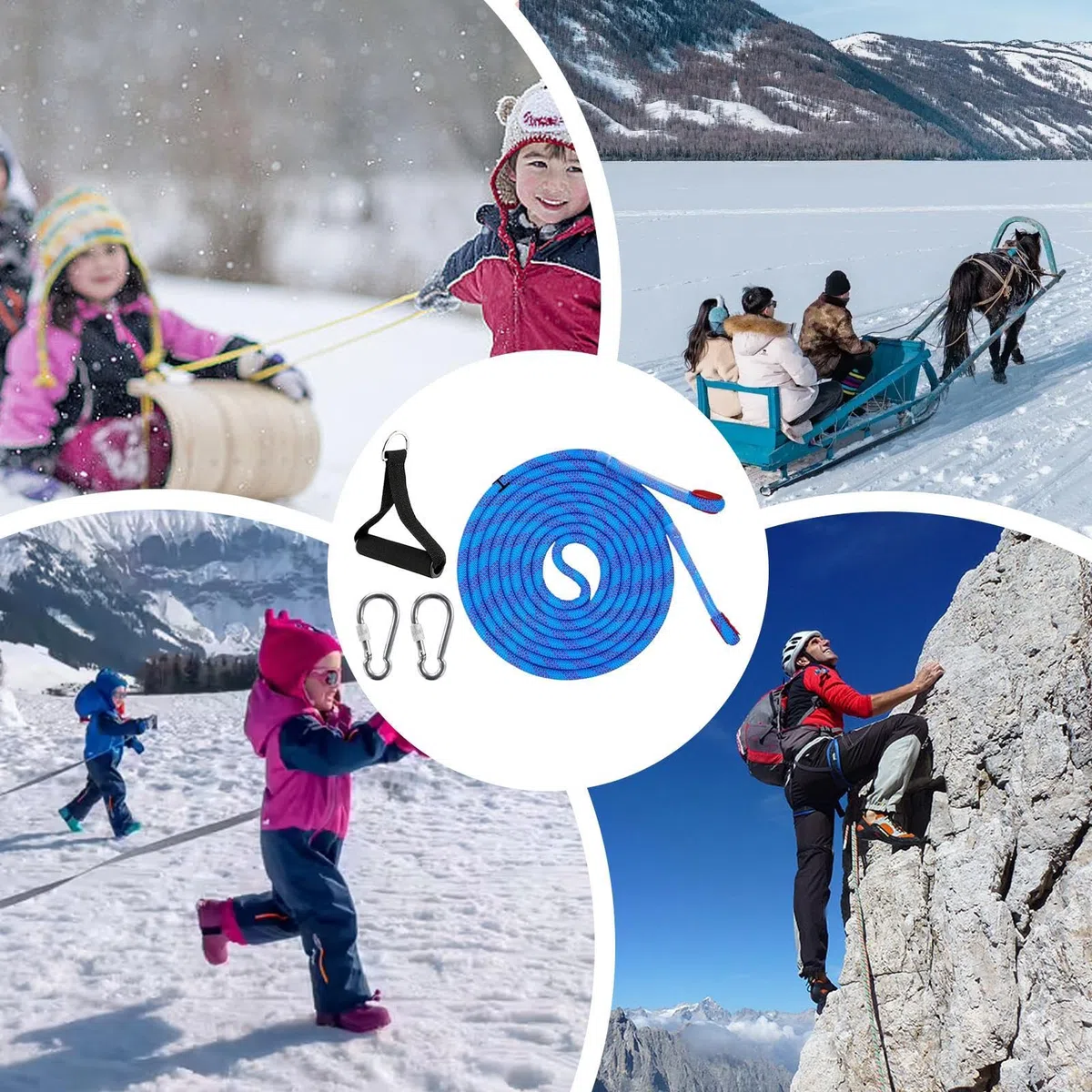 Genérico Corde à tirer pour luge à neige - 4 m - Avec - Jeu de cordes pour traction de luge d'hiver - Sangle épaisse pour luges à neige - Pour