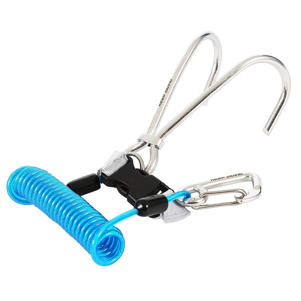 Crochet de plongée double en acier inoxydable avec cordon en spirale et boucle à dégagement rapide