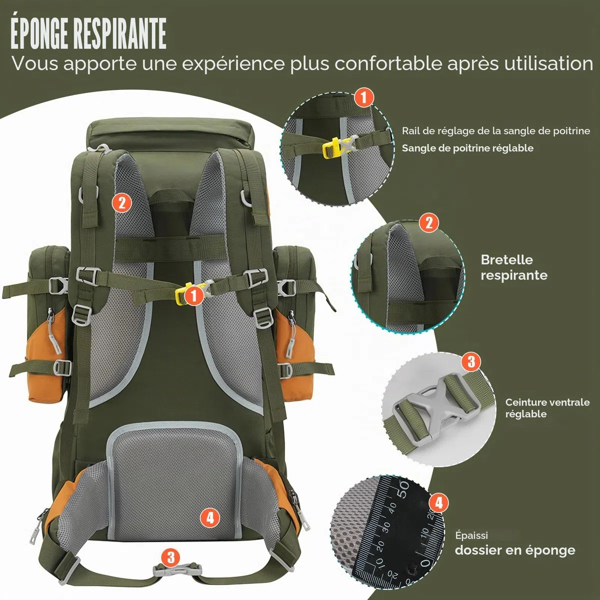 Bseash Sac à dos imperméable de 70 L (65 + 5) avec housse de pluie, sac à dos de randonnée pour sports de plein air, voyage, escalade, randonnée