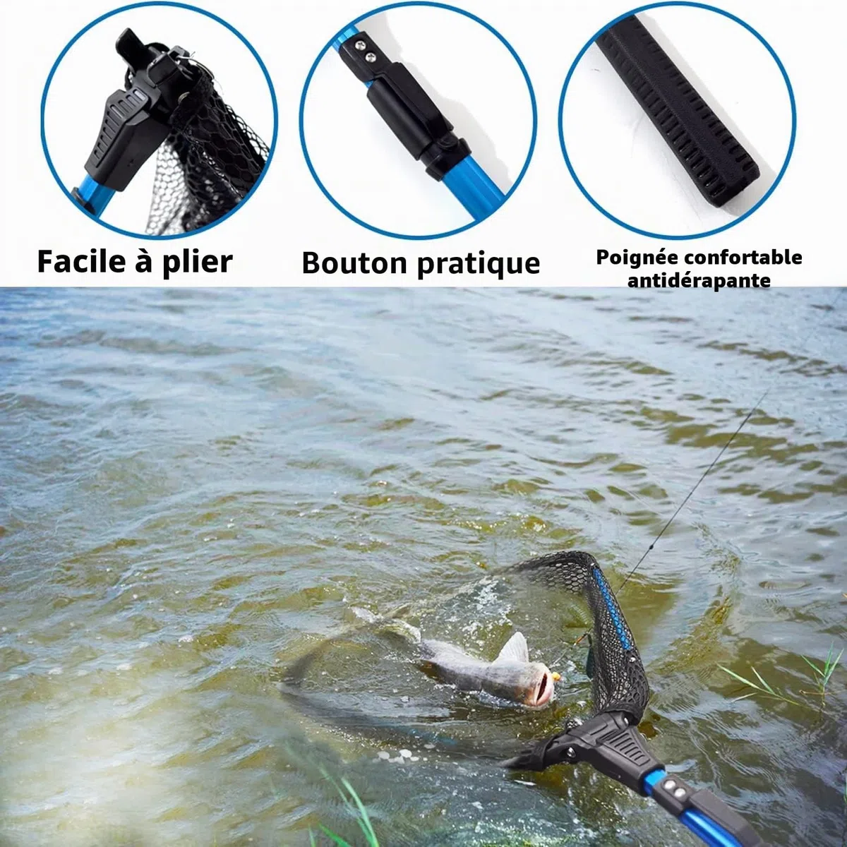 Senston Epuisette de Pêche Pliable et Filet Recouvert de Caoutchouc, Épuisette Télescopique, Filet de Pêche Pliable en Nylon