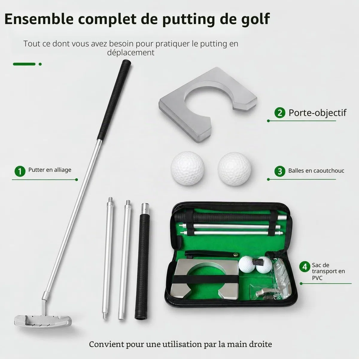 VOBOR Kit de Putting Club de Golf, Matériau en Alliage, Détachable et de Rangement, Mini Golf Portable Putter avec Balles et Sac