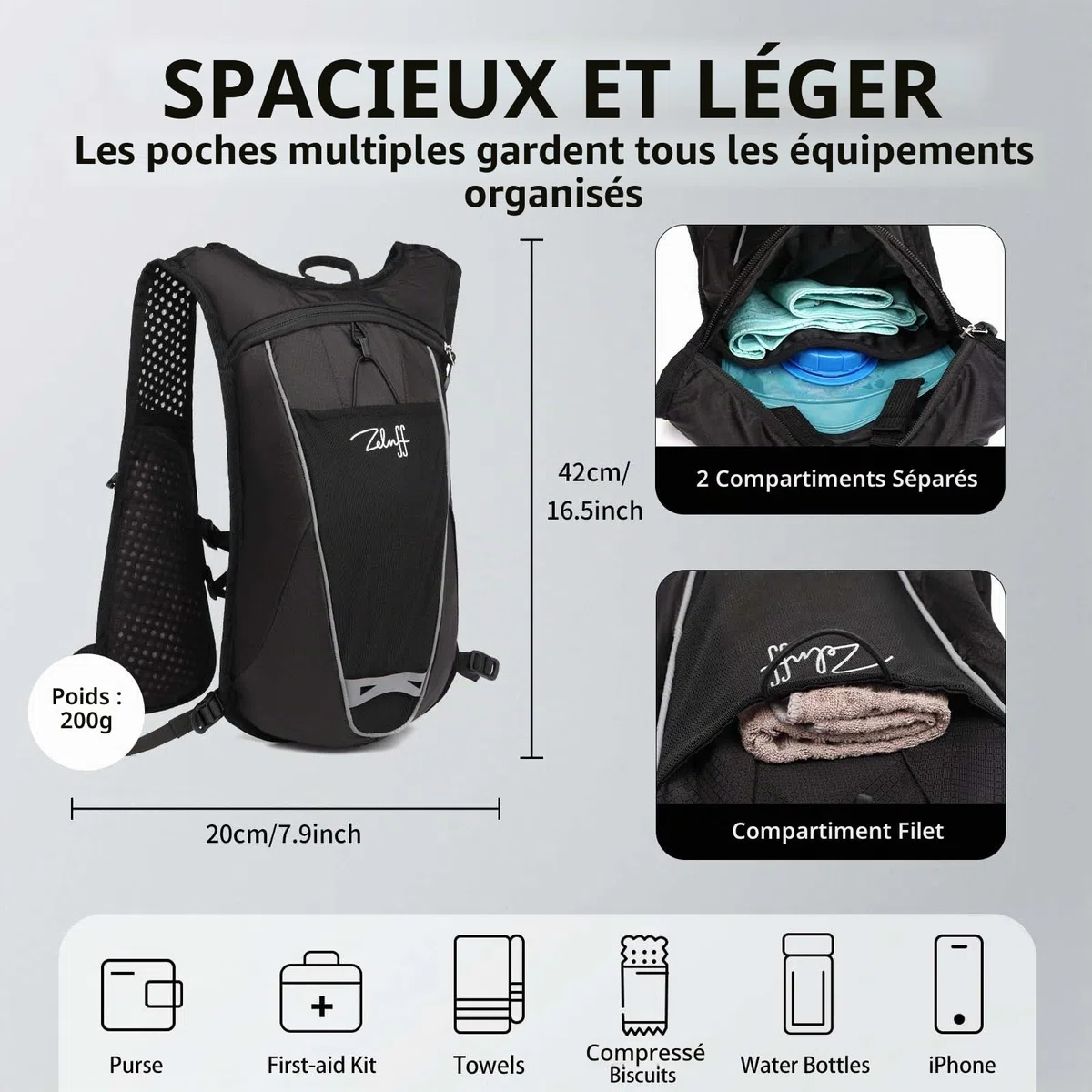 Sac à dos d'hydratation avec poche à eau, 2 l, gilet de course, pour homme et femme, ultra léger, pour la course, le marathon, le jogging, le cyclisme