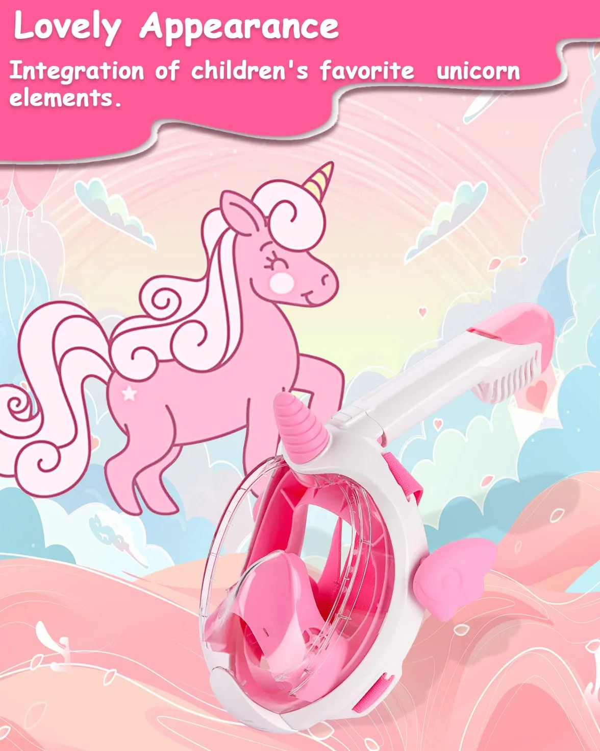 Masque de plongée intégral pour enfants, équipement de plongée avec tuba licorne, vue panoramique à 180 degrés, ensemble de plongée avec tuba, anti-buée et anti-fuite