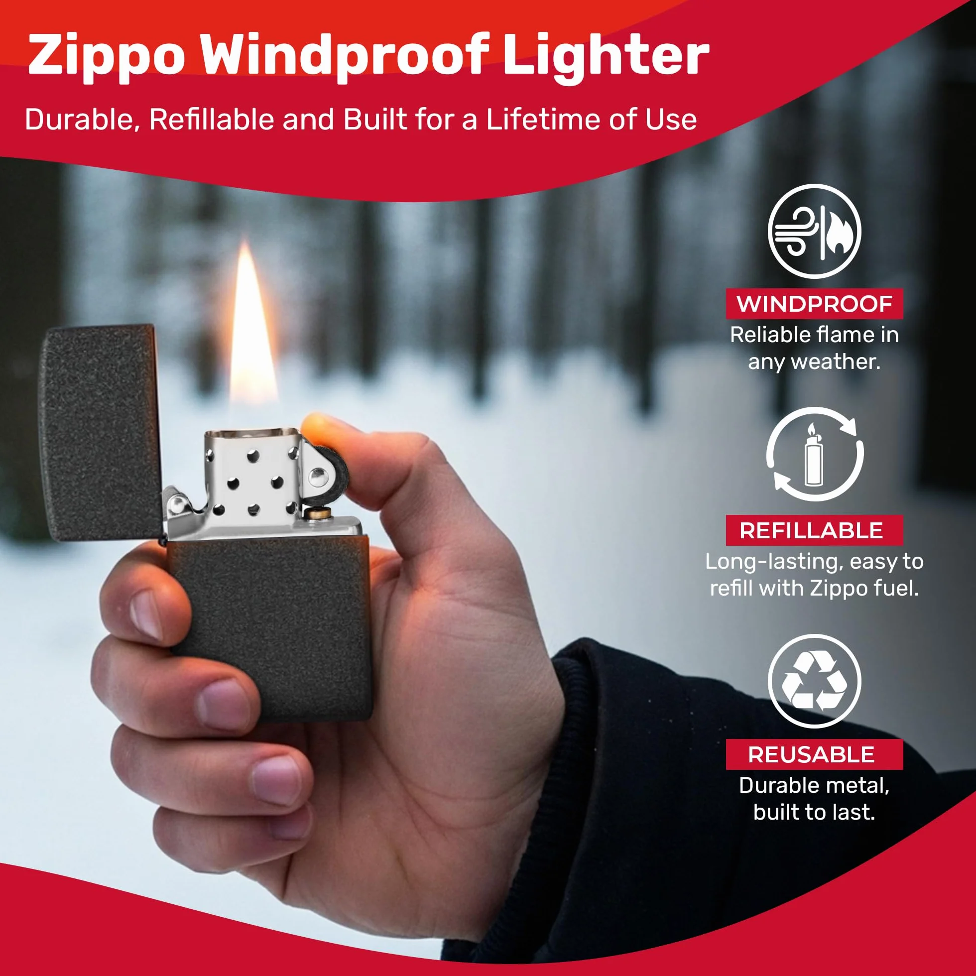 Zippo - Briquet Tempête Crépi Noir (Black Crackle), Modèle De Base, Rechargeable, Réutilisable, Résistant Au Vent, Coffret Cadeau, Fabriqué Aux États-Unis