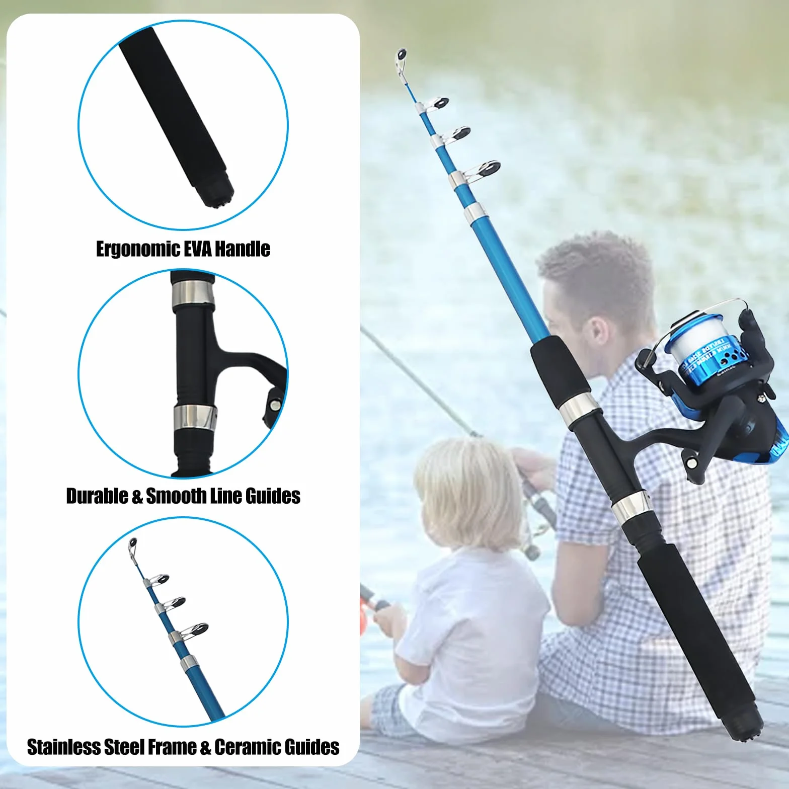Kit de pêche pour enfants, 1,5 m, kit de démarrage pour enfants, avec moulinet, canne à pêche, kit complet bleu, pour lac, rivière et plage, pour enfants de 3 à 10 ans