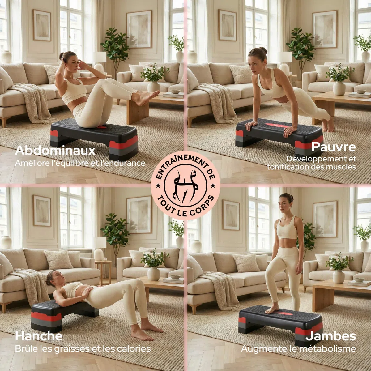 KM-Fit Stepper de fitness | Step d'aérobic pour la maison | Step-Bench réglable en hauteur sur 3 niveaux | Charge maximale : 200 kg | Gymnastique Home Stepper avec tapis antidérapant | Banc matelassé