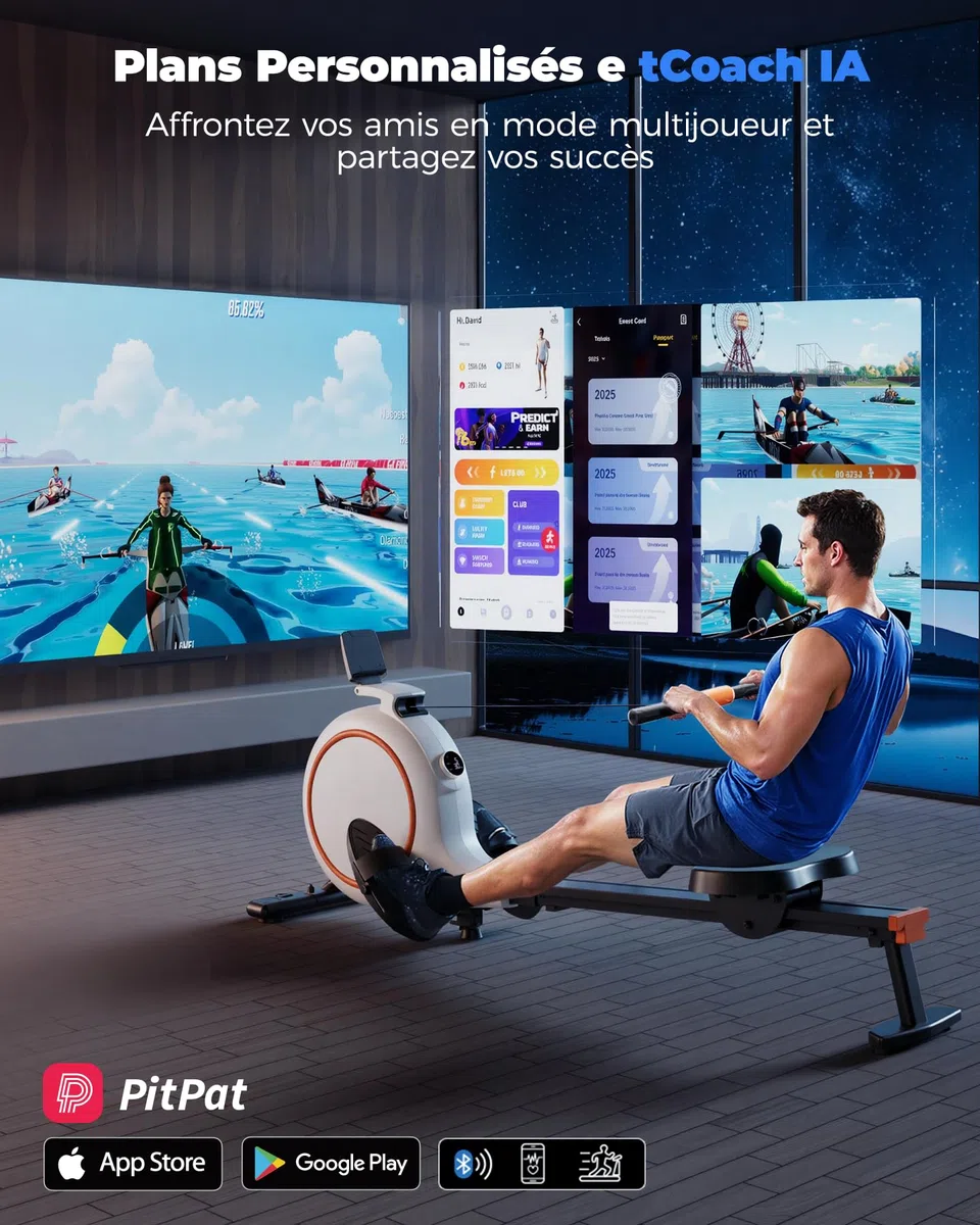 Copant Rameur Magnétique pour Usage Domestique, 32 Niveaux de Résistance, Max 136KG, Rameur Cardio APP Contrôle, avec Support de Tablette et Écran LCD