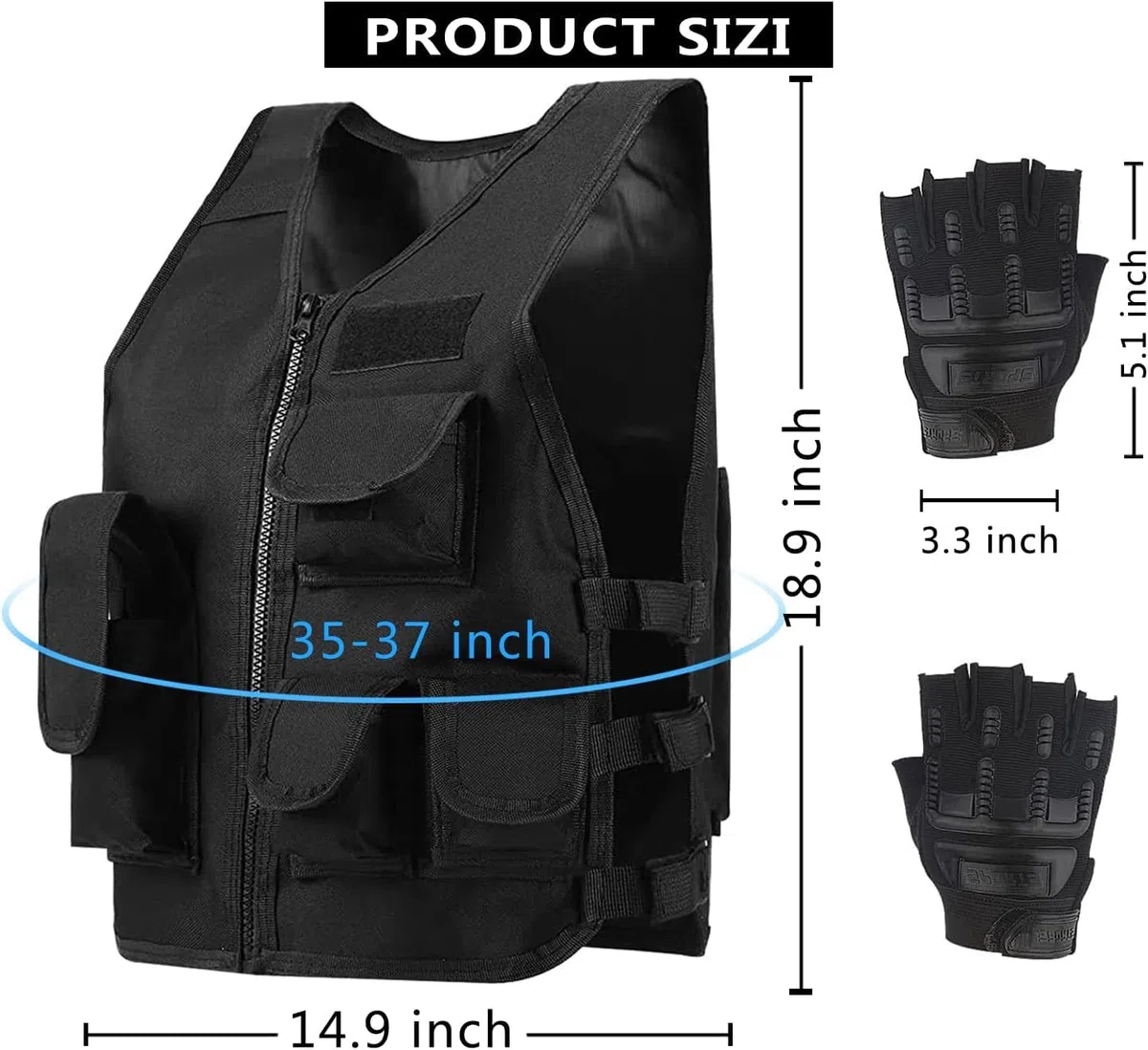 Gilet tactique d'extérieur pour enfants, gilet de combat réglable et respirant avec gants courts pour enfants