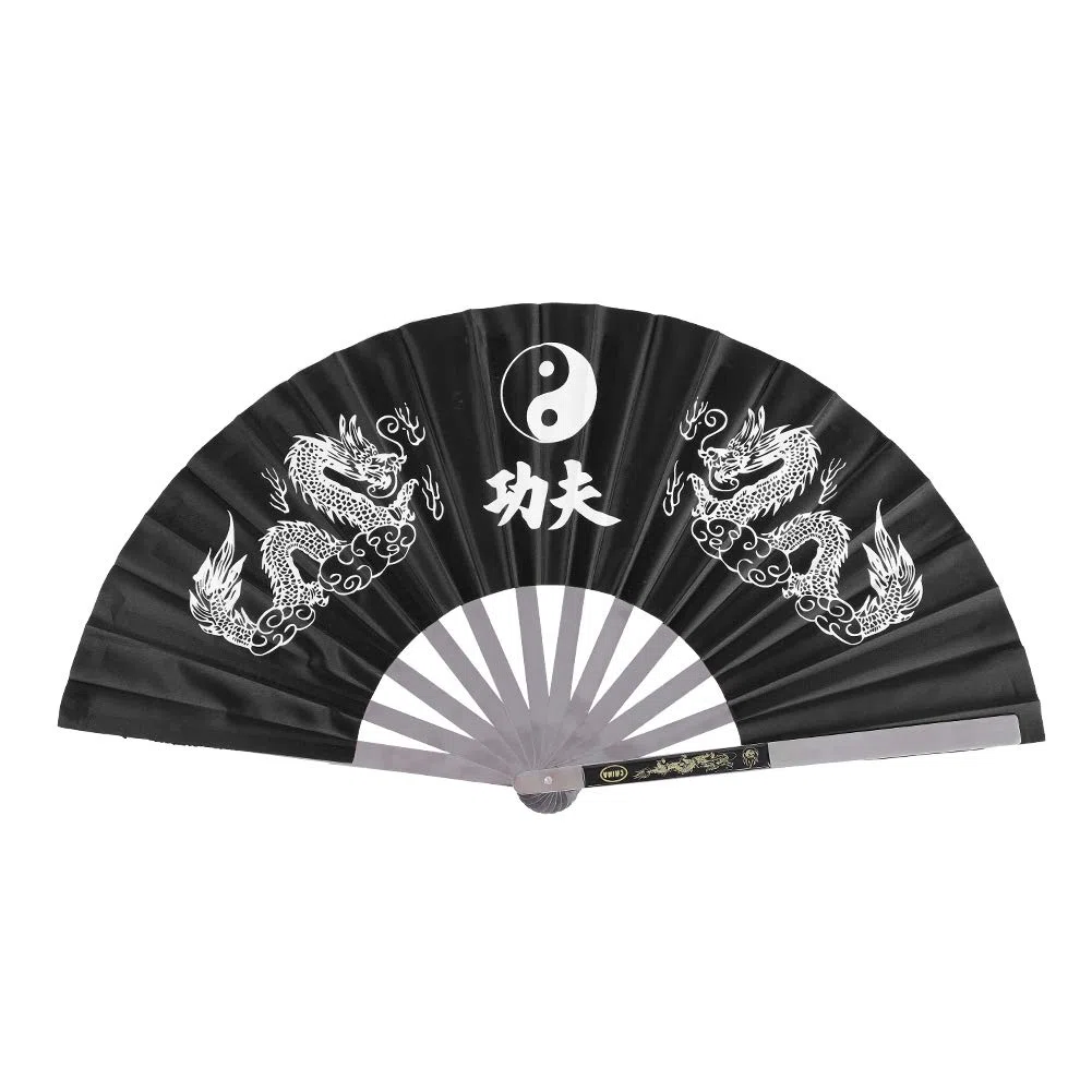 Éventail de Tai Chi, Éventail de Kung Fu Chinois, Éventail de Performance de Pratique de Danse, Kung Fu en Acier Inoxydable, Éventail Pliant de Poche en Nylon(Noir)