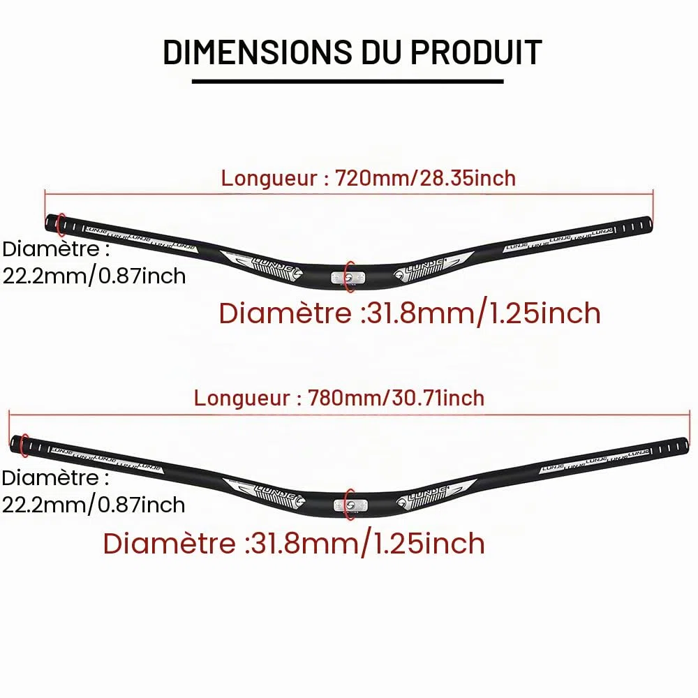 Guidon de vélo de Montagne de 31,8 mm, Guidon de vélo en Alliage d'aluminium, Guidon de vélo Extra Long de 720 mm/780 mm