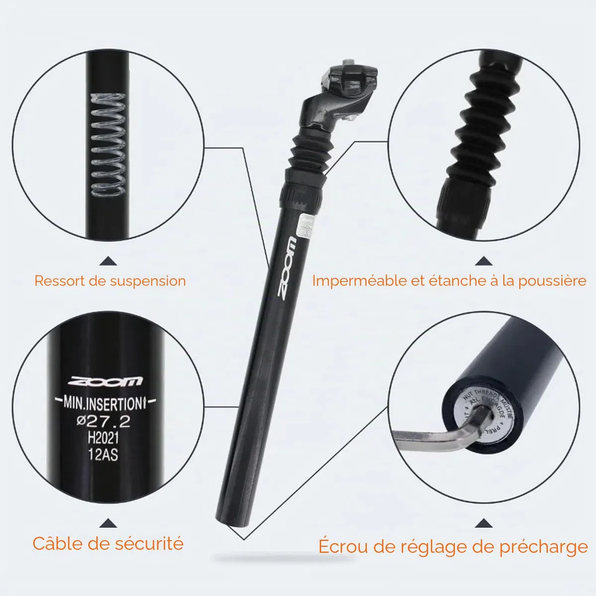 Tige de Selle Suspendue vélo 27.2 / 30.4 / 30.9 / 31.6 mm – Amortisseur réglable en Aluminium pour VTT, vélo électrique, vélo de Route, BMX et vélo Enfant