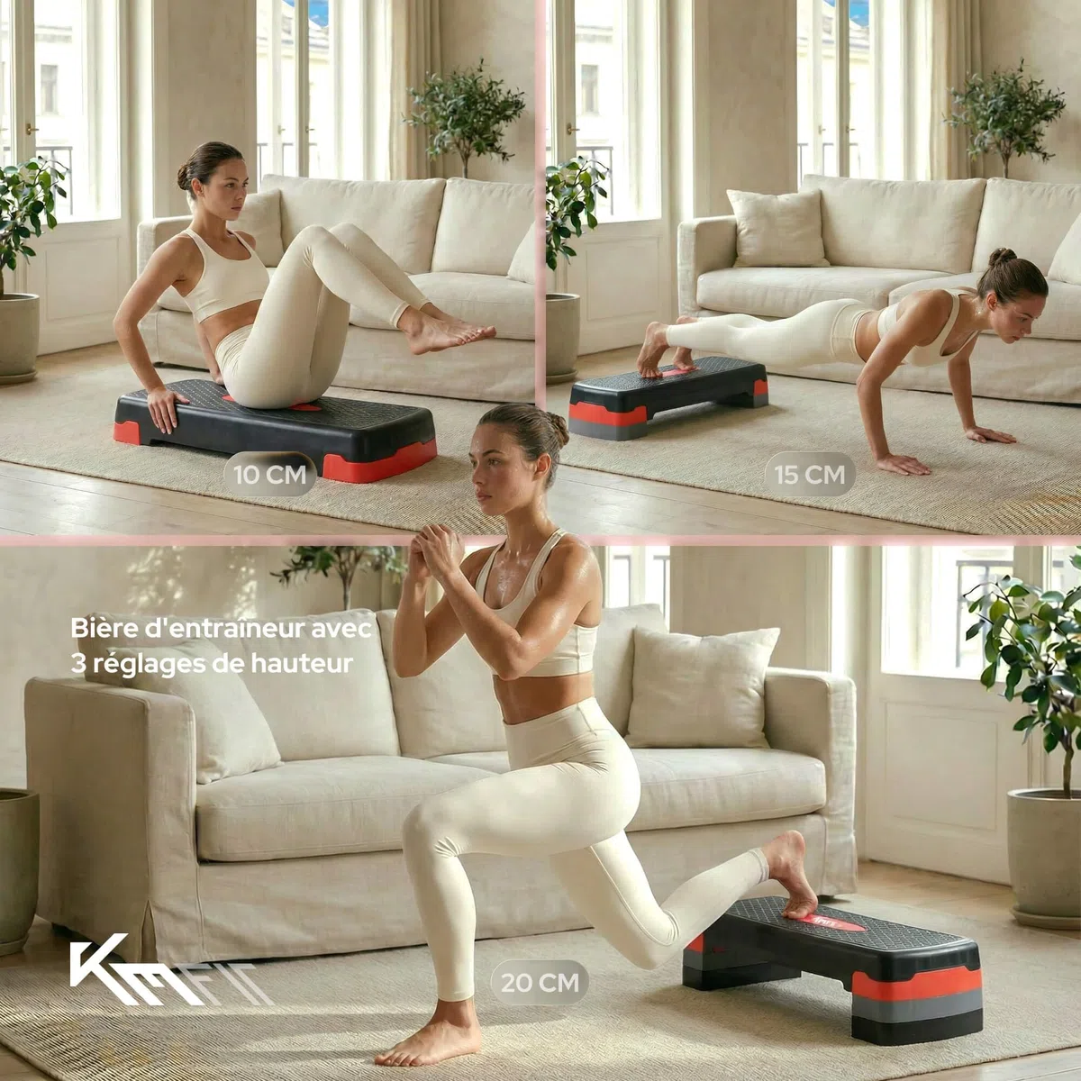 KM-Fit Stepper de fitness | Step d'aérobic pour la maison | Step-Bench réglable en hauteur sur 3 niveaux | Charge maximale : 200 kg | Gymnastique Home Stepper avec tapis antidérapant | Banc matelassé