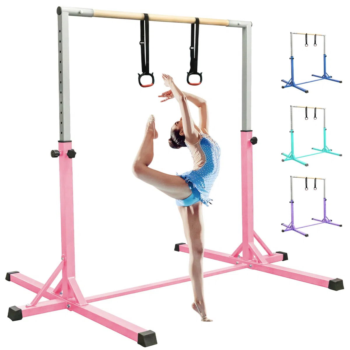 FBSPORT Barre de Gymnastique Enfant Rythmique avec Anneaux de Gymnastique, 13 équipement d'entraînement de Gymnase Gymnastique Bar réglable en Hauteur pour l'intérieur et l'extérieur