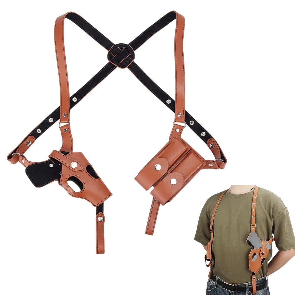 nbeads Étui D'Épaule, Étui à Pistolet en Cuir de Vache Étui à Pistolet Vertical Réglable avec Pochette à Double Chargeur Étui à Pistolet Universel pour la Plupart des Types de Pistolets