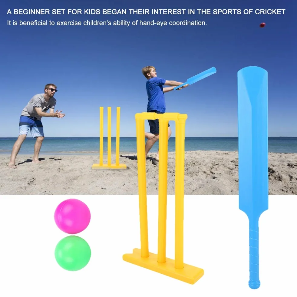 Jeu de Cricket pour Enfants Jeu de Cricket en Plastique Chauve-Souris et Balle de Cricket Jeu interactif de Plage Kit de Support de guichet Jeu de Sport pour l'extérieur et l'inté