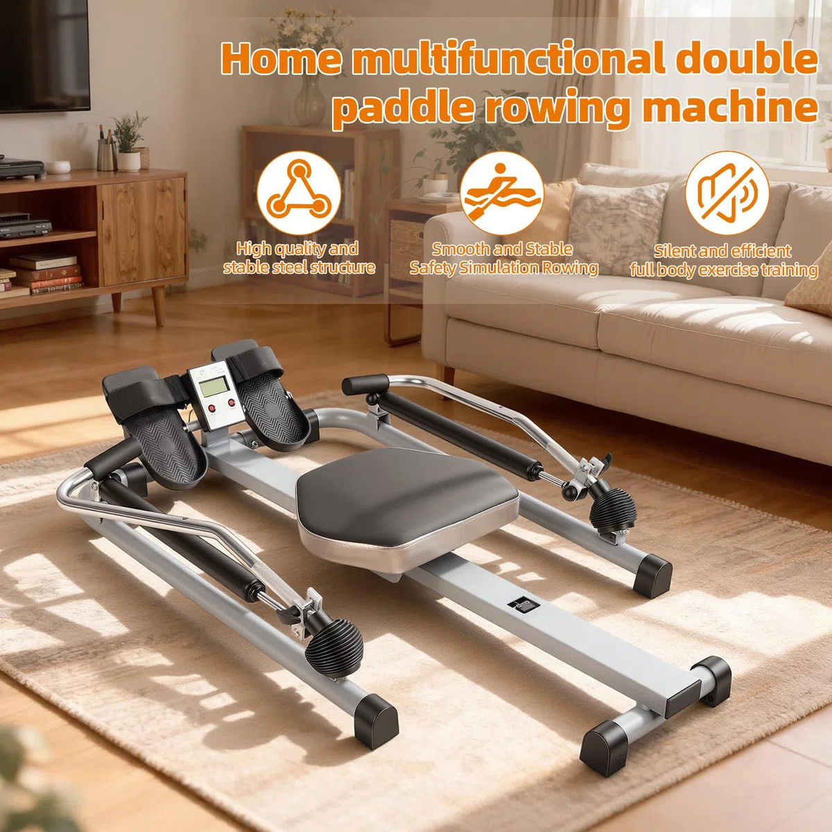 Rameur Pliable Appartement, Machine à Ramer à Vérin Hydraulique pour Musculation Maison, Appareil Musculation avec Moniteur LCD, Résistance Réglable 50kg, Siège Confortable, Charge 120kg