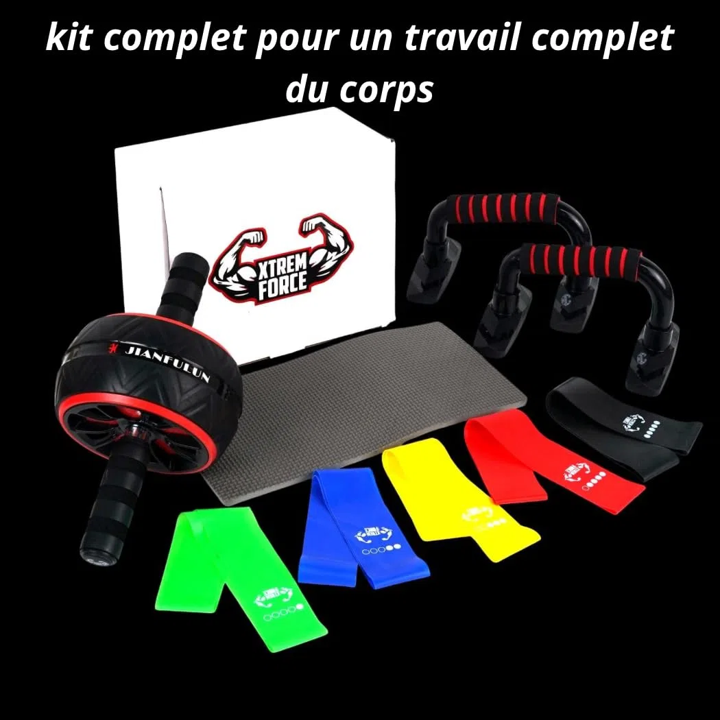 Kit Fitness Xtrem Force Avec Roue Abdo Tapis Pour Genoux, Bande Elastiques, Poignée Push Up Pour Les Pompes, Appareil fitness musculation pour Abdo Exercices a La Maison Pour Homme Et Femme