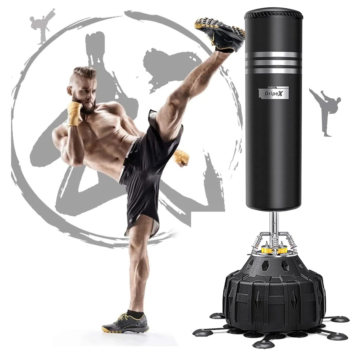 Dripex Sac de Boxe Autoportant Sac de Frappe sur Pied 178 cm Punching Ball avec 19/25 Ventouses pour Muay Thai, Kickboxing, Arts Martiaux et MMA