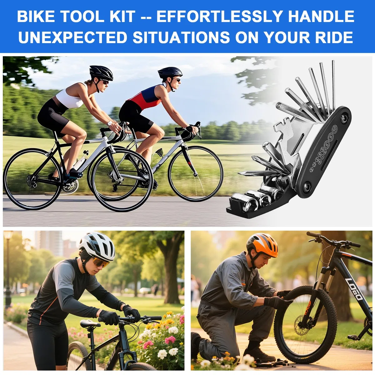 Kit de réparation de vélo Oziral multifonction 16-en-1 Kit Crevaison Velo accessoires VTT avec un couvercle étanche mini pompe 12 rustines pour pneus avec adhésif, rangement pratique pour accessoires
