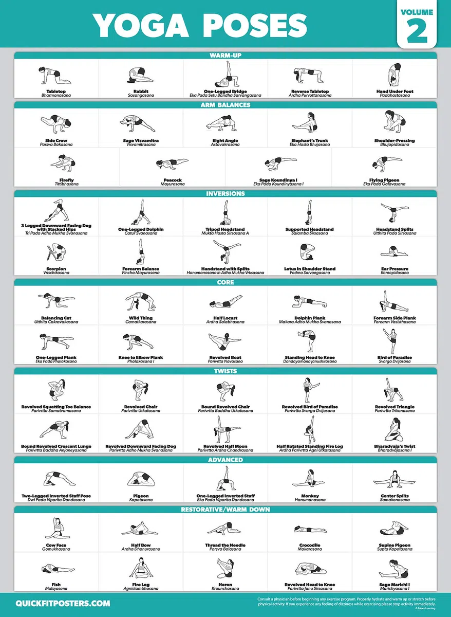 Palace Learning Lot de 4 affiches de poses de yoga Volume 1, 2 et 3 + tableau d'exercices d'étirement (laminé, 45,7 x 61 cm)