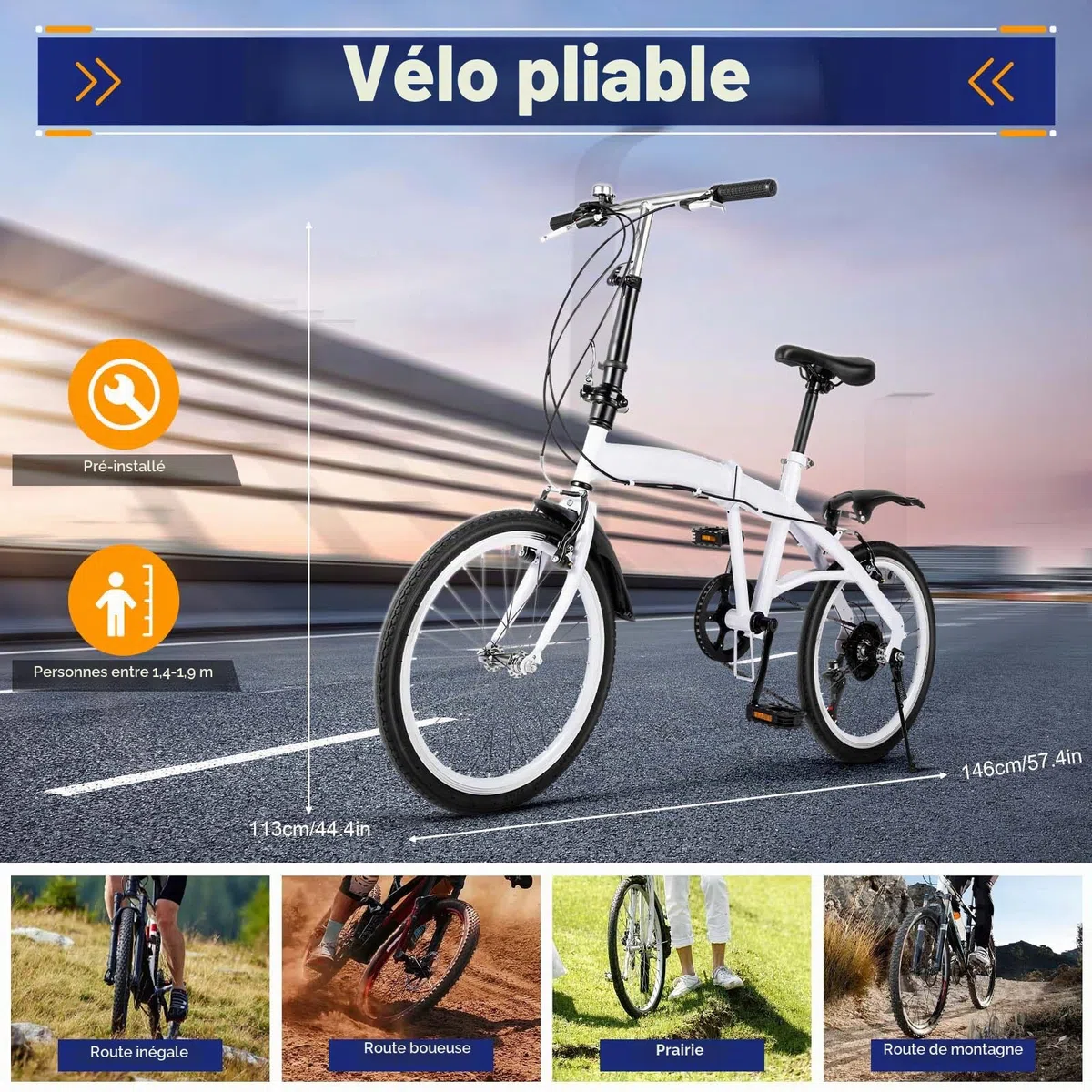 Vélo pliant 20 pouces pour adulte - 6 vitesses - Blanc - 75-93 cm - Siège réglable en hauteur - Pliable - Pour femmes, adolescents, camping