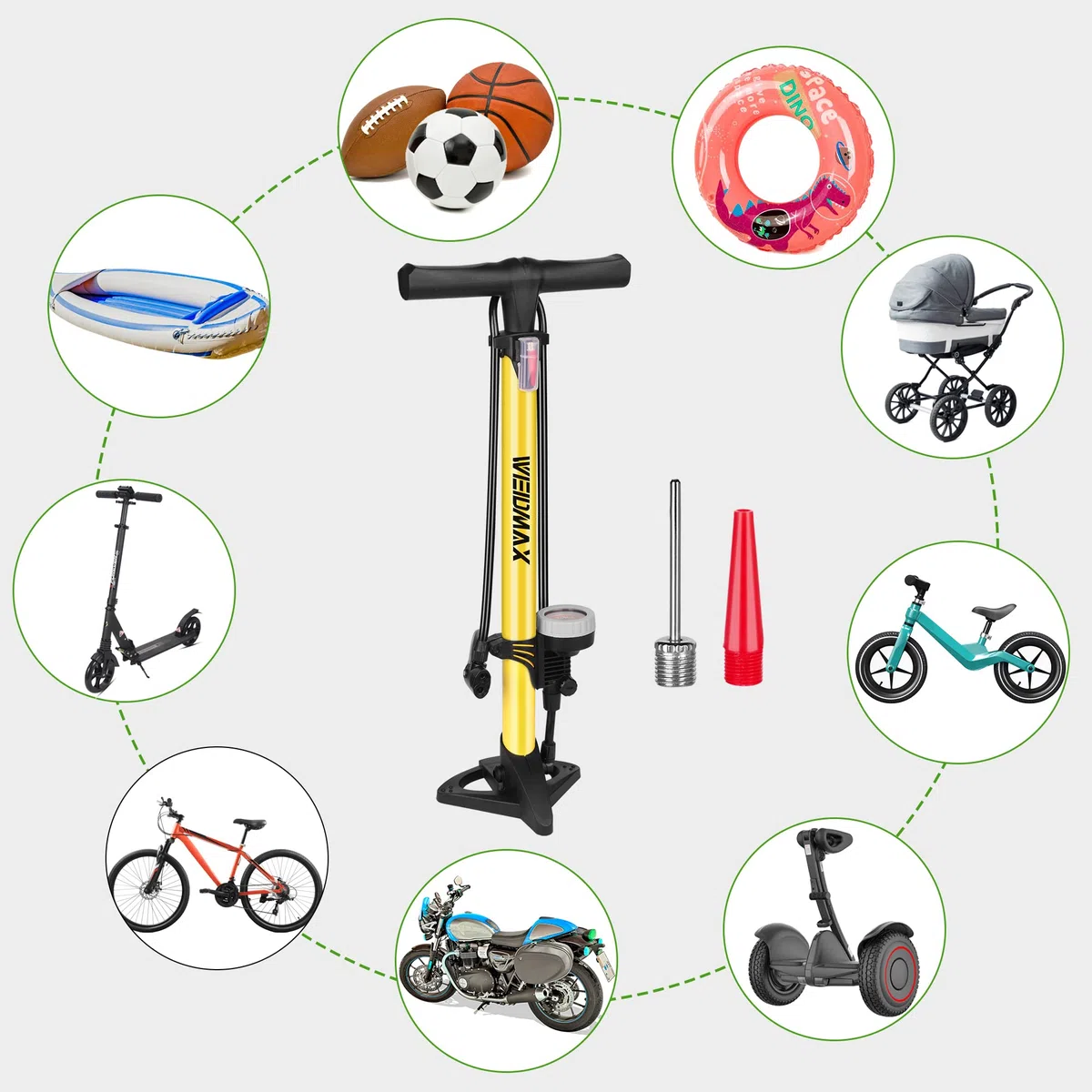 Pompe à vélo WEIDMAX, Pompe à Pied de vélo Ergonomique, gonfleur de Pneu de vélo, Pompe Portable avec manomètre Intelli et tête de Valve