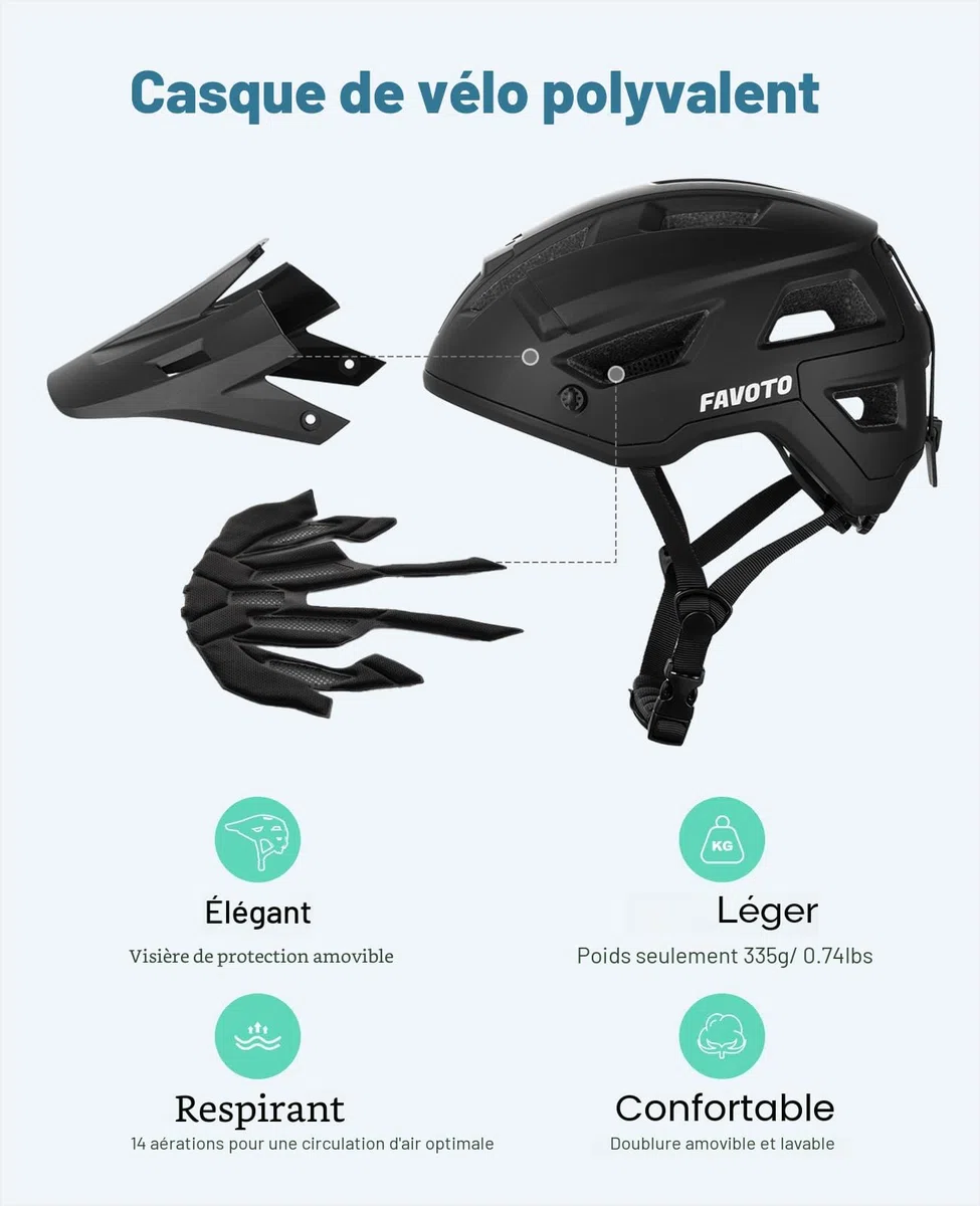 Favoto Casque de Vélo Tout-Terrain - Technologie Double Inmould Casque VTT Cyclisme Léger avec Visière pour Adultes Certifié CE
