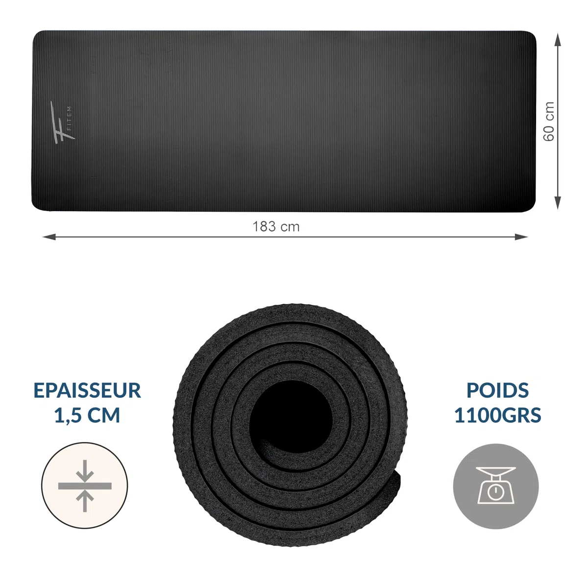 Fitem Tapis de Sol Ultra-Epais en Mousse Confort Haute Densité NBR - 183 x 60 x 1,5 cm ou 1 cm - pour Gym,Yoga, Sport, Gymnastique, Fitness, Pilates, Musculation