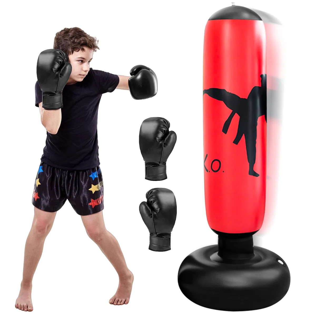 Sac de frappe pour enfants, 160 cm, sac de frappe pour enfants debout, avec gants de boxe, sac de frappe gonflable pour l'intérieur, l'extérieur, la gym à partir de 3 à 12 ans, pour garçons et filles