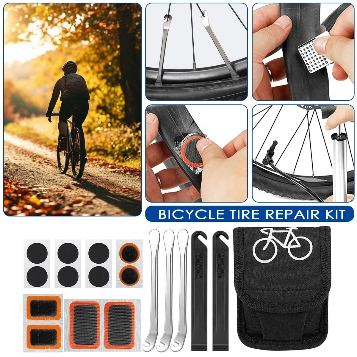 Kit Reparation Velo, 16 en 1 Kit Crevaison Velo, Trousse Multifonction Outils Pneu, Kit Velo Convient pour Une Utilisation Situations d'urgence Lors de Voyages Longue Distance