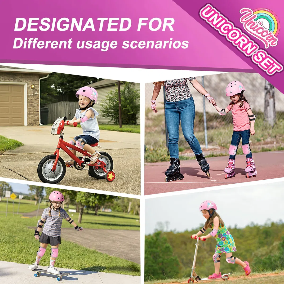 Casque de vélo pour enfant avec équipement de protection, motif licorne rose, avec genouillères, coudières et autocollants décoratifs