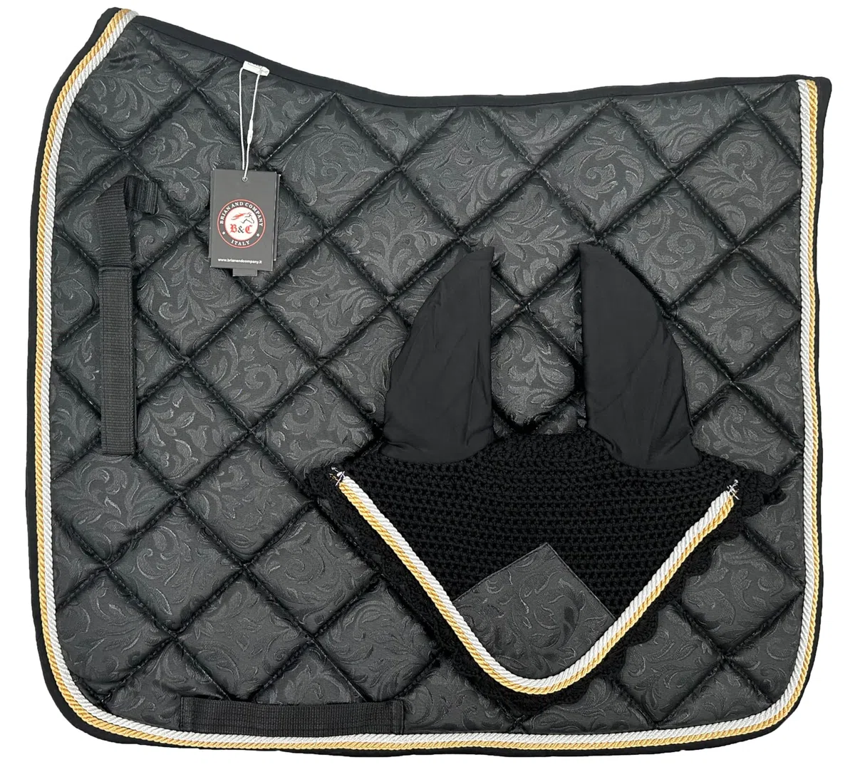 Sous-selle d'équitation respirante, lacets de positionnement avec fermeture à déchirure, bordure élégante en corde anglaise, avec bonnet coordonné noir, COB DRESSAGE)