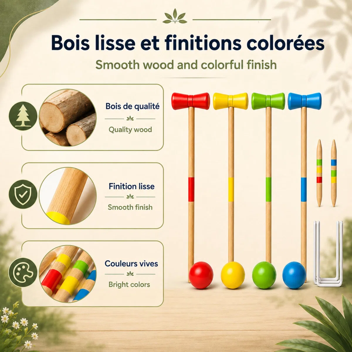 GRENADINE BOUTIQUE Jeu De Croquet Bois Set Complet – Maillets Boules Arceaux Piquets – Jeux Bois Exterieur Famille Activité Plein Air – Jeux en Bois Exterieur 4 Joueurs