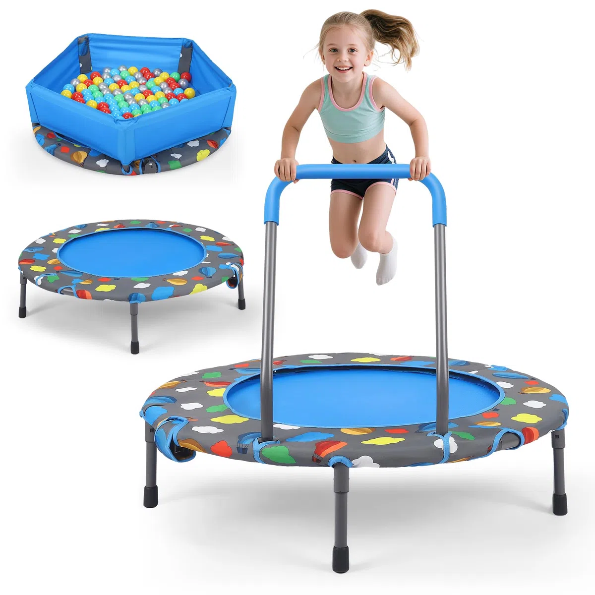 Trampoline de fitness pliable de 101 cm de diamètre - Capacité de charge : 150 kg - Hauteur de main courante réglable - Entraînement d'endurance - Différents groupes de personnes