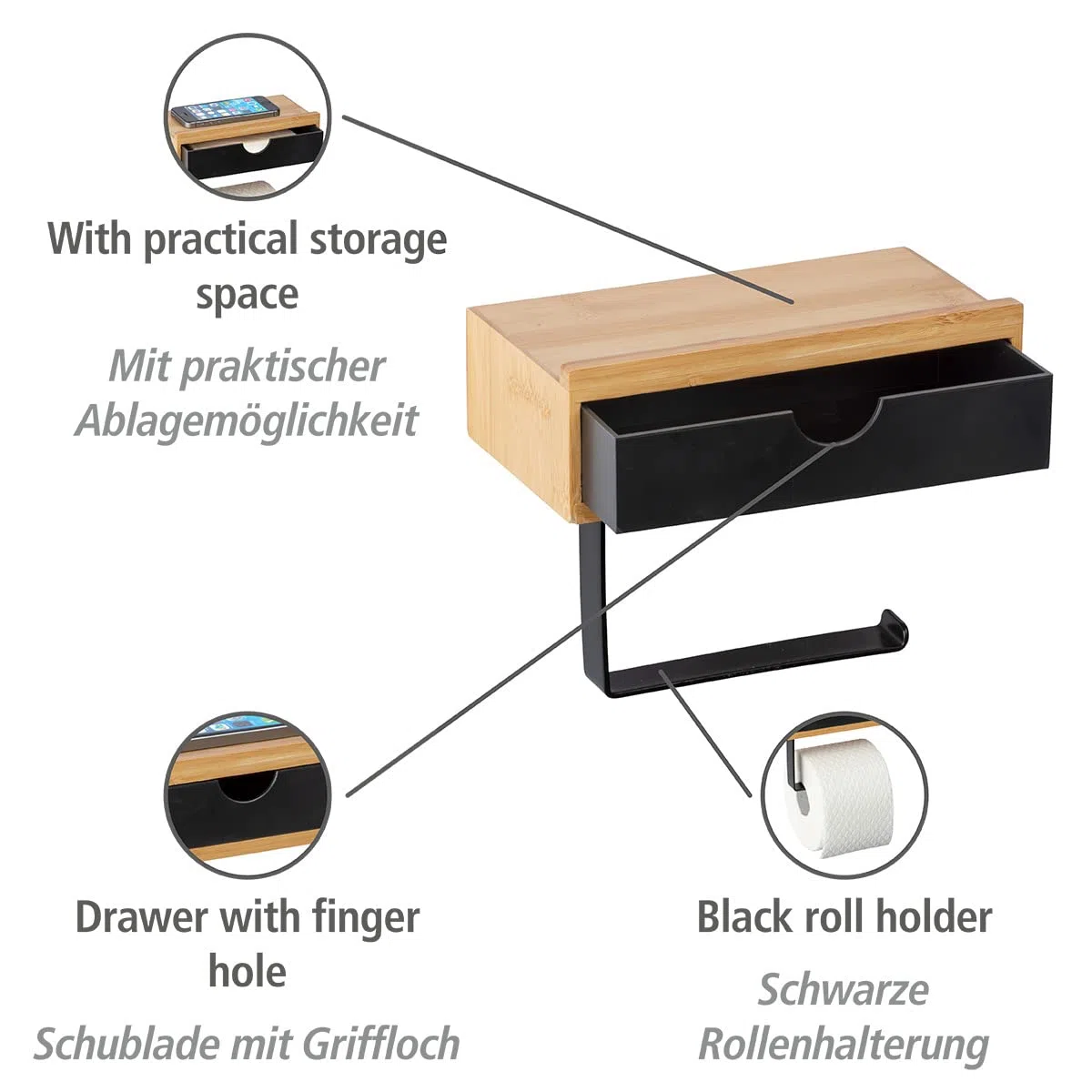 WENKO Porte Papier Toilette en Bois avec Support Smartphone Bambusa | Dérouleur Papier avec tiroir de Rangement | Installation sans perçage | Design Loft | Bambou| 18,5 x 14 x 10,5 cm | Noir et Bois