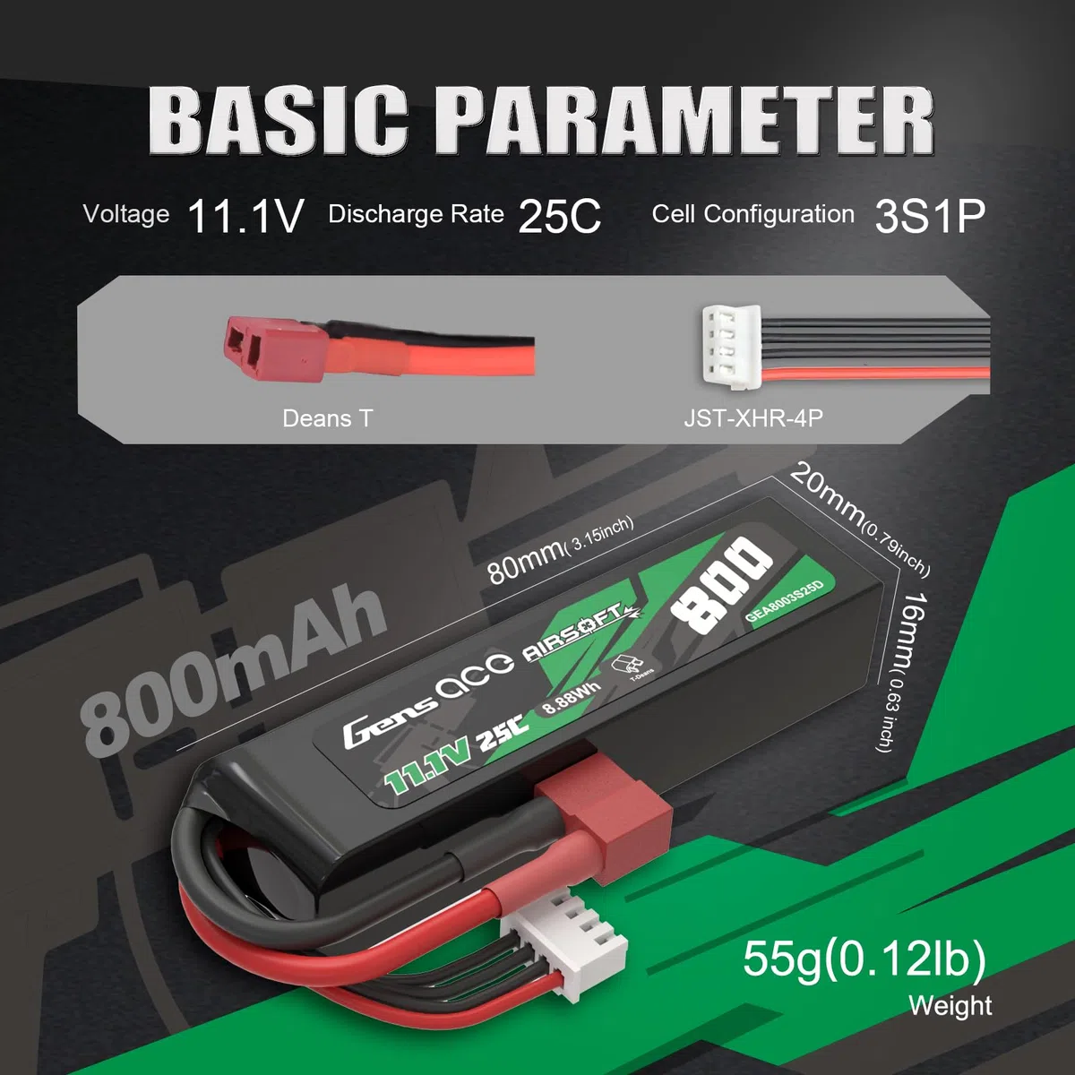 Gens Ace 3S 11,1V 800mAh 25C Batterie LiPo avec Connecteur T-Plug (Deans), Batterie Rechargeable pour Modélisme et Loisirs, Format Compact Stick