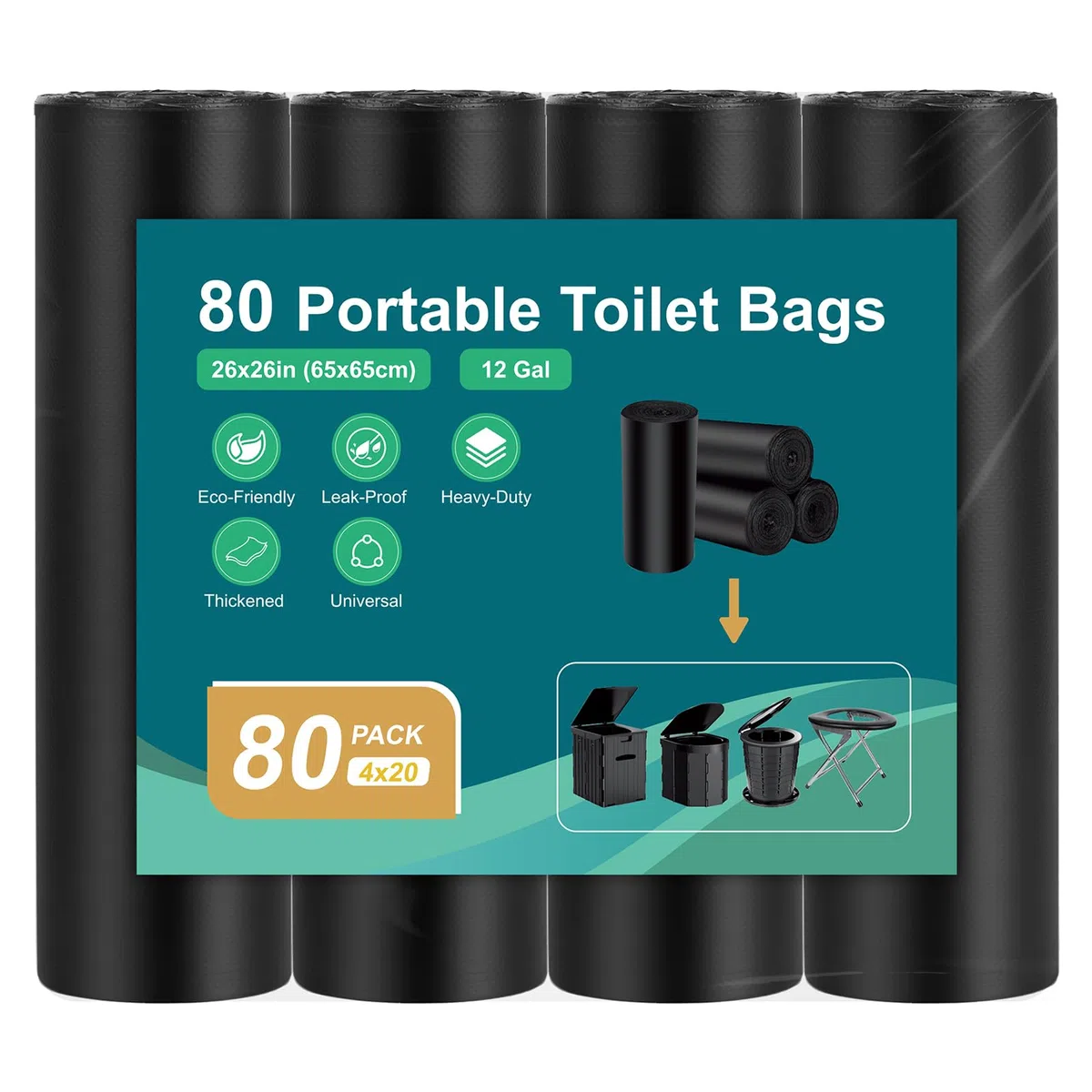 WADEO Sac Bio Pièces édition pour Toilettes de Camping Mixte Adulte, 80 Pièces Sacs Poubelle, 45L/12 Gallons Sacs de Toilette Portables pour Camping, Randonnée, Voyage, Cuisine, Maison