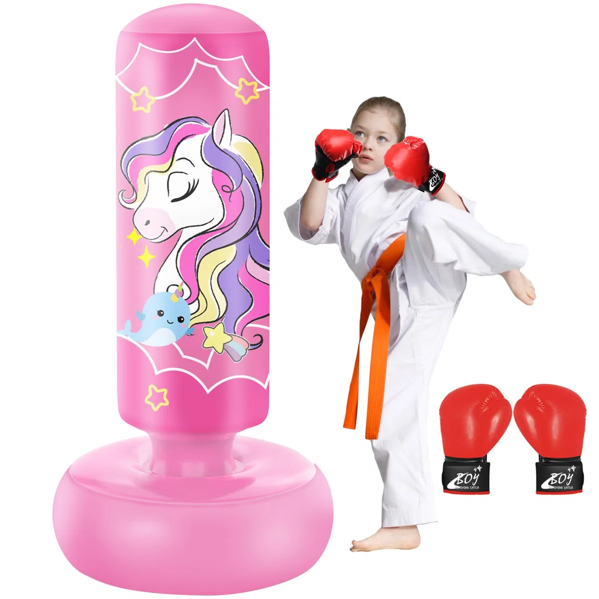 NZQXJXZ Sac de Frappe Gonflable pour Enfants, Sac de Boxe sur Pied, pour Les Enfants, Les Garçons, Les Filles, Set de Boxe pour Pratiquer Le Karaté, Le Taekwondo et Le MMA