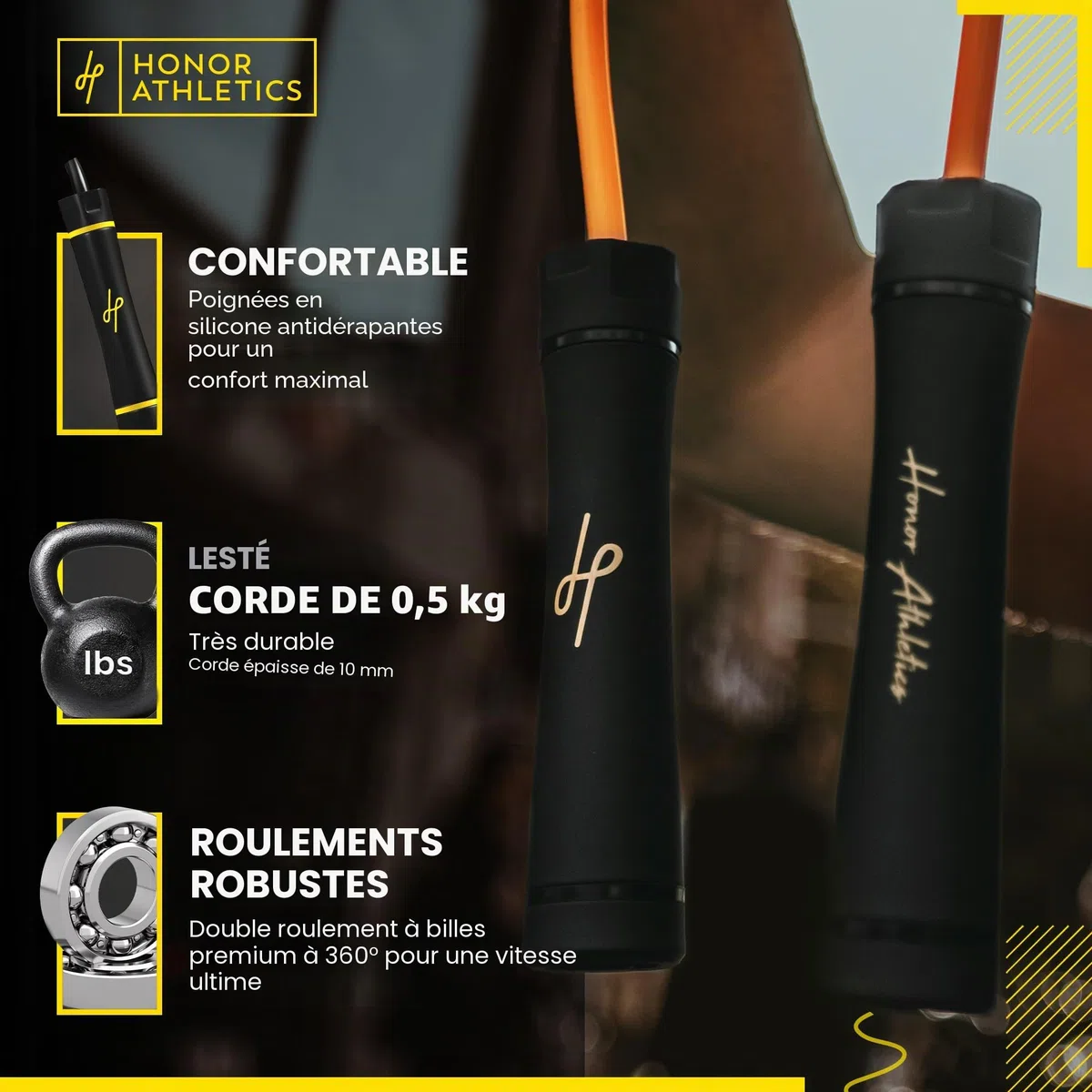 Honor Athletics - Corde à sauter lourde de 0,5 kg pour entraînement de haute intensité et de force – Corde réglable en PVC de 3 m avec poignée ergonomique, roulement à billes, idéale pour la boxe, le