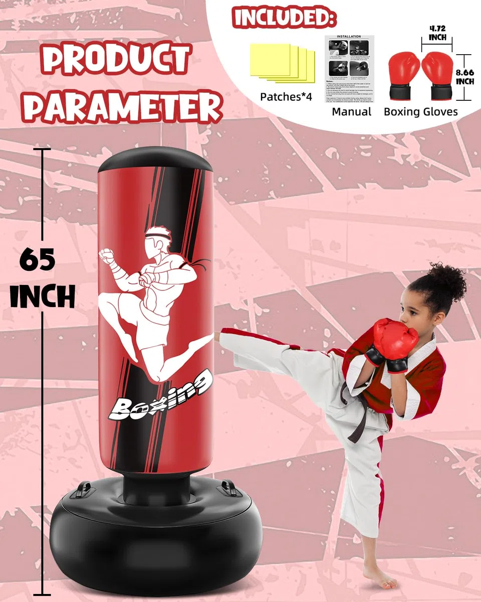 NZQXJXZ Sac de Frappe 165cm Gonflable pour Enfants avec Gants de Sac de Boxe Enfants pour la Pratique du MMA, du Karaté, du Taekwondo et pour soulager l'énergie de la Pentecôte