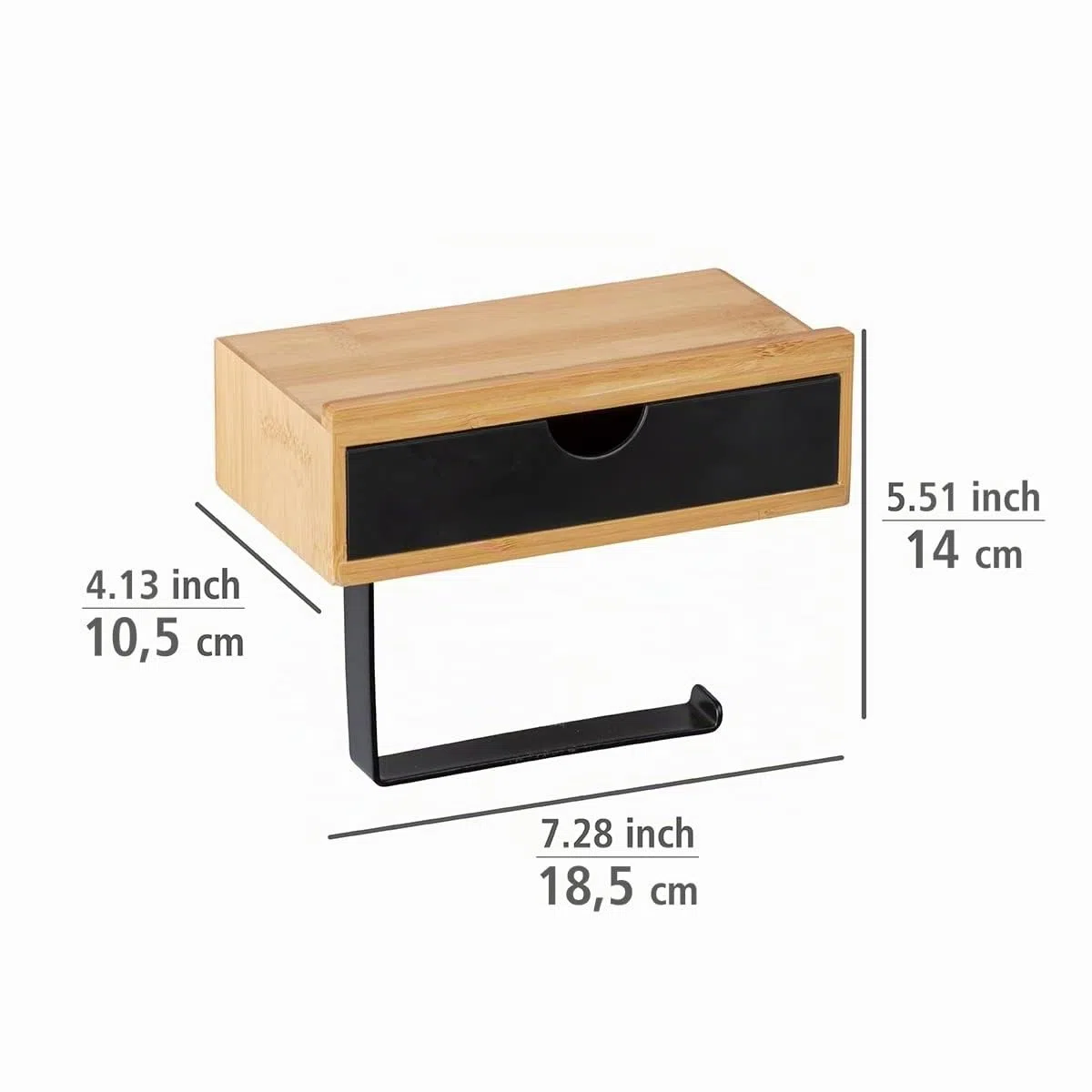 WENKO Porte Papier Toilette en Bois avec Support Smartphone Bambusa | Dérouleur Papier avec tiroir de Rangement | Installation sans perçage | Design Loft | Bambou| 18,5 x 14 x 10,5 cm | Noir et Bois