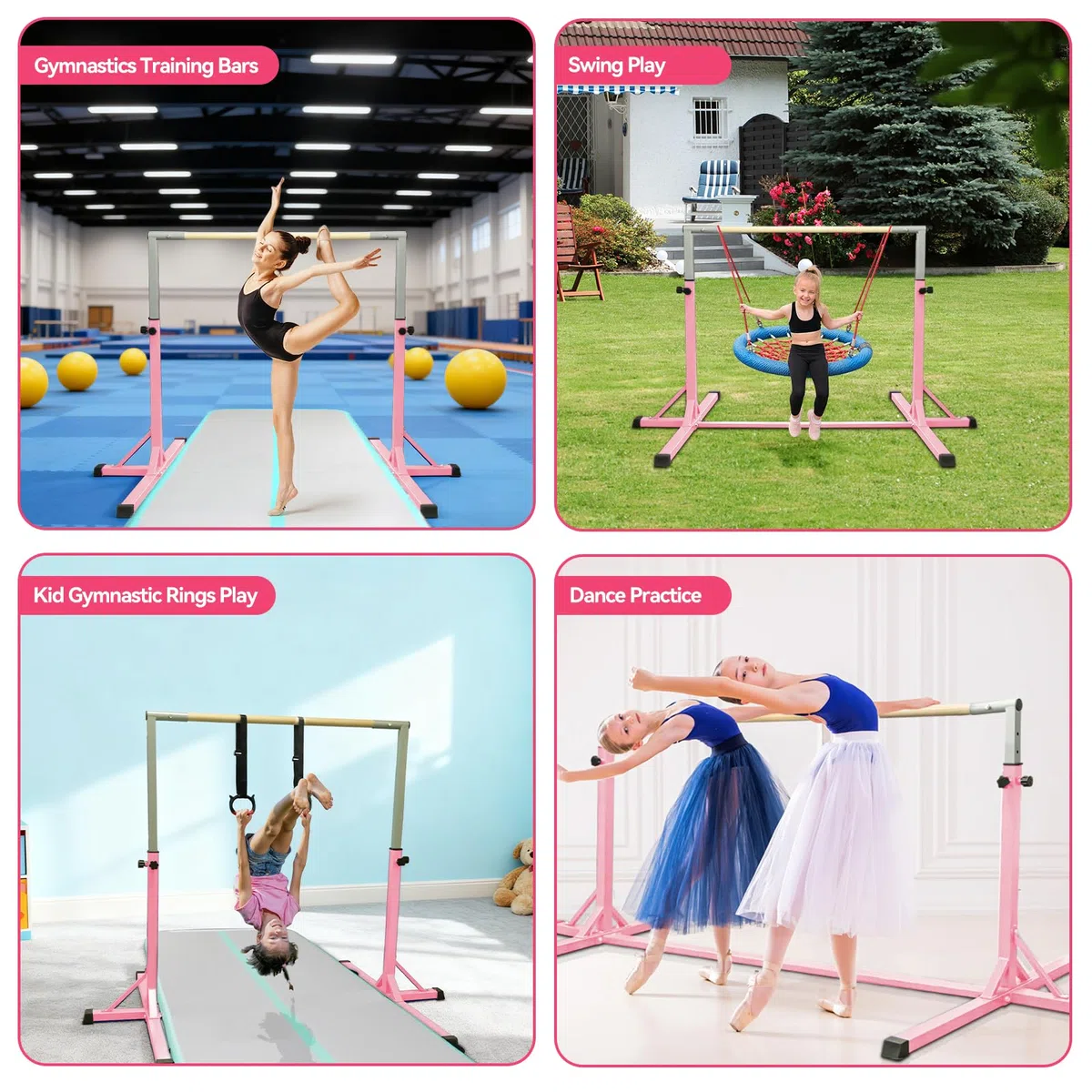 FBSPORT Barre de Gymnastique Enfant Rythmique avec Anneaux de Gymnastique, 13 équipement d'entraînement de Gymnase Gymnastique Bar réglable en Hauteur pour l'intérieur et l'extérieur