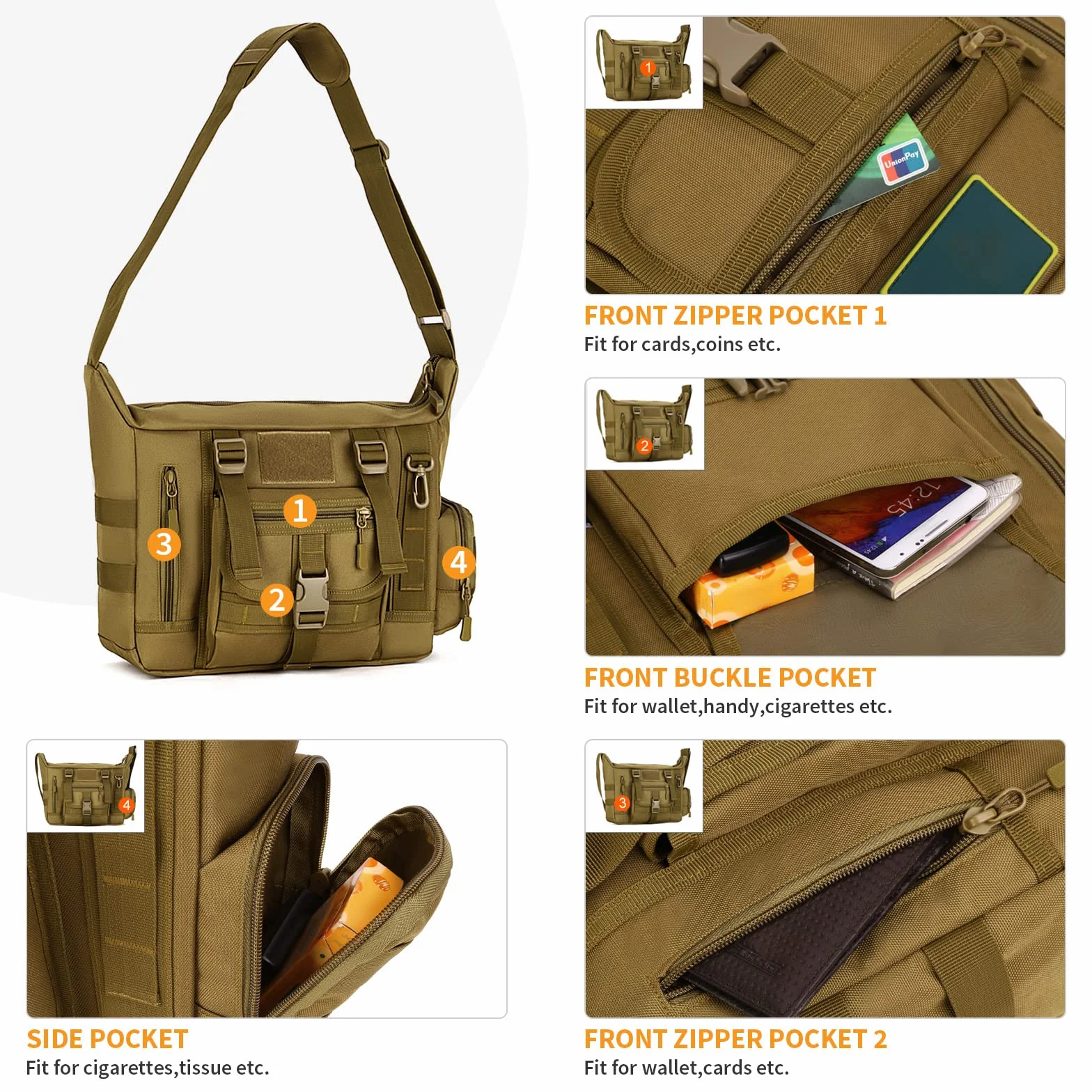 Huntvp Sac Bandoulière Tactique, Sacoche Homme Bandoulière Travail Militaire Sac d’Epaule pour Ordinateur Portable 14, 15.6 Pouces Travail, Randonnée, Camping, Voyage, Escalade, Trekking