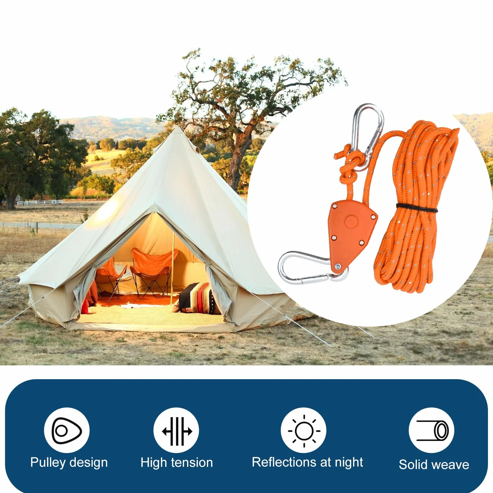 4 PCS Corde de Tente Réfléchissante, 6mm Cordon de Camping avec Poulie, Corde à Cliquet avec Crochet, Corde Nylon Escalade 5M, Tendeur de Corde a Linge Exterieur pour Randonnée, Auvent